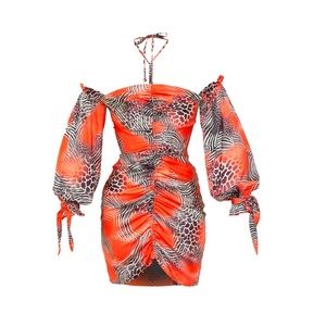 Bright Salmon colored mini dress with animal print from Wolf and Badger